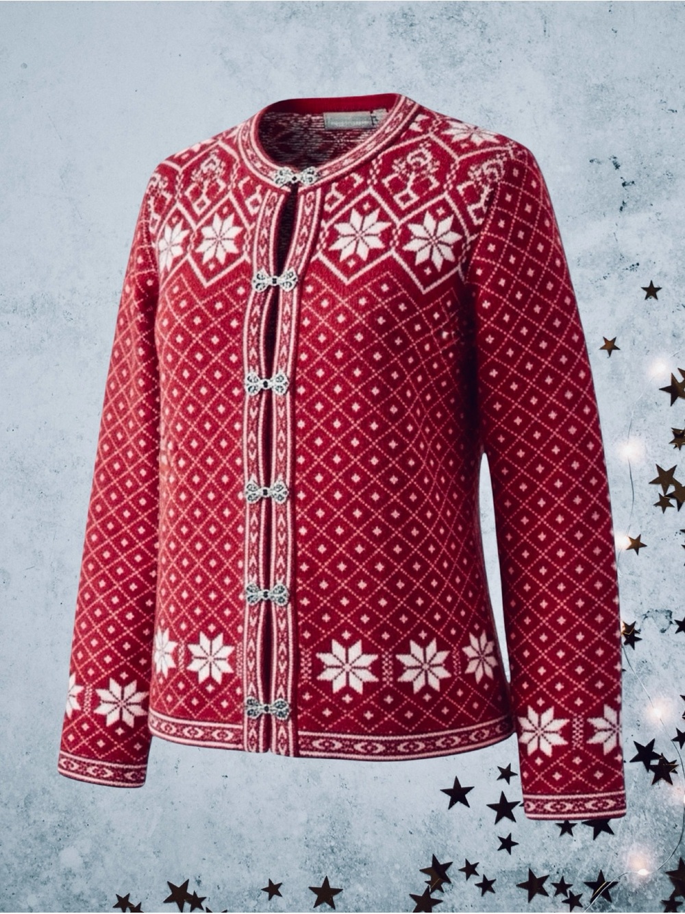 Croft & Barrow Red Nordic Fair Isle Pewter Clasp Cardigan Sweater L